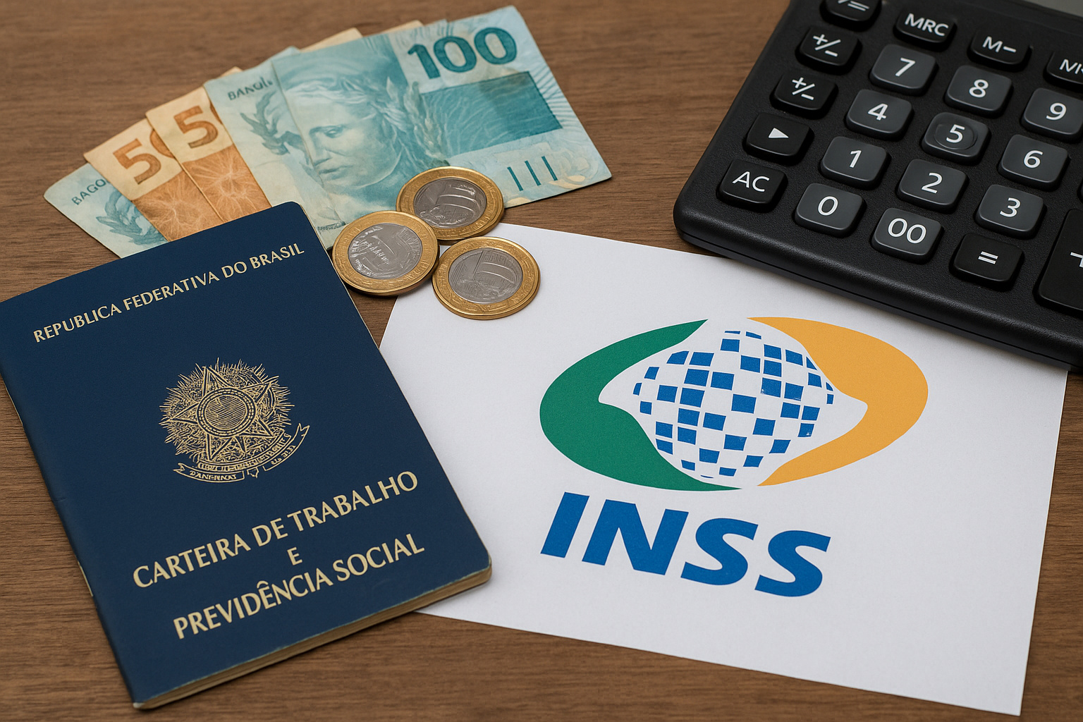 Elementos financeiros brasileiros ao lado de documento com logotipo do INSS, representando acordos sobre consignado e seguro prestamista.