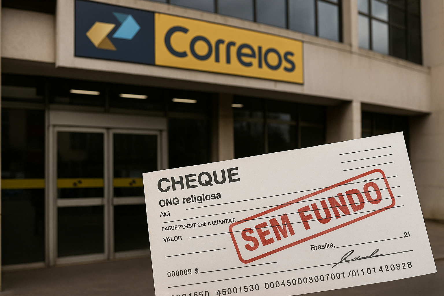 Cheque sem fundo diante de prédio dos Correios, ilustrando o cancelamento do leilão milionário em Brasília.