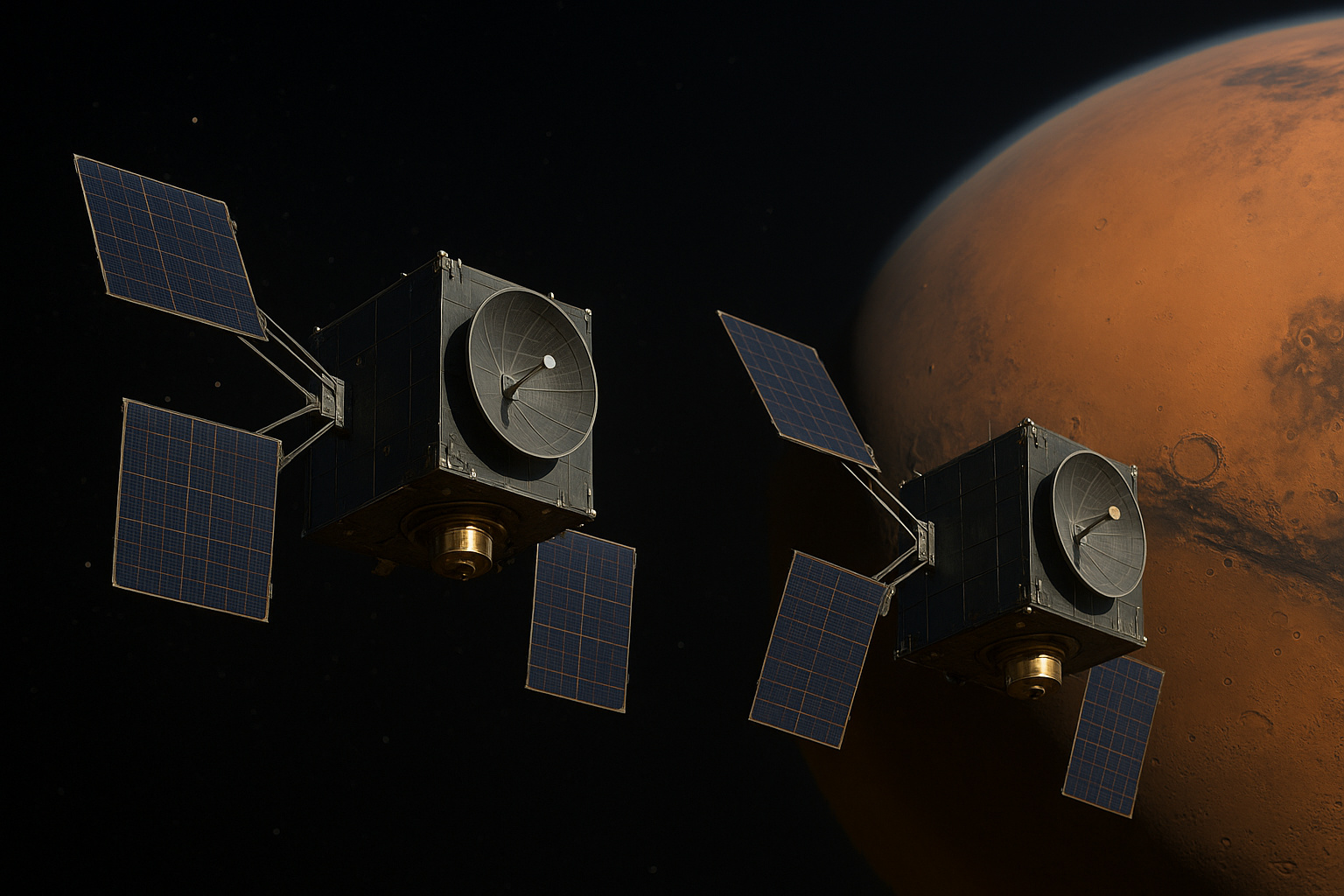 Duas naves gêmeas da missão EscaPADE próximas a Marte, com painéis solares e antenas apontadas para o planeta vermelho.
