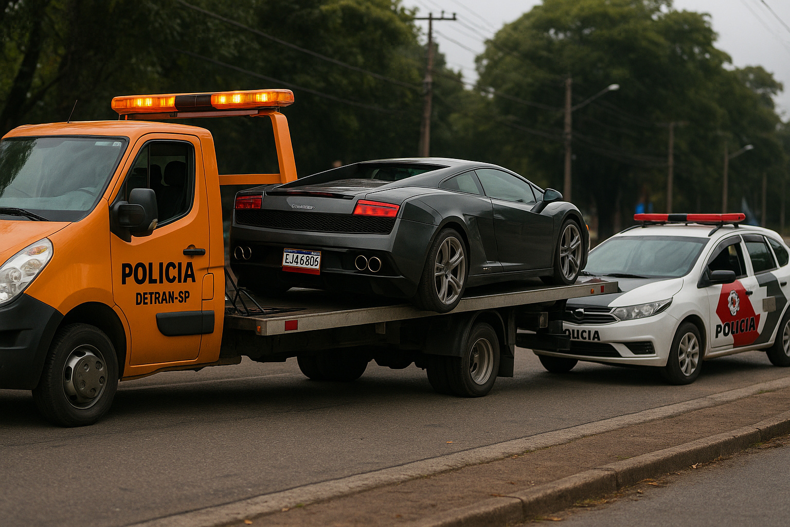 Lamborghini apreendido pelo Detran-SP sendo colocado em caminhão-guincho durante megaoperação contra veículos irregulares em São Paulo.