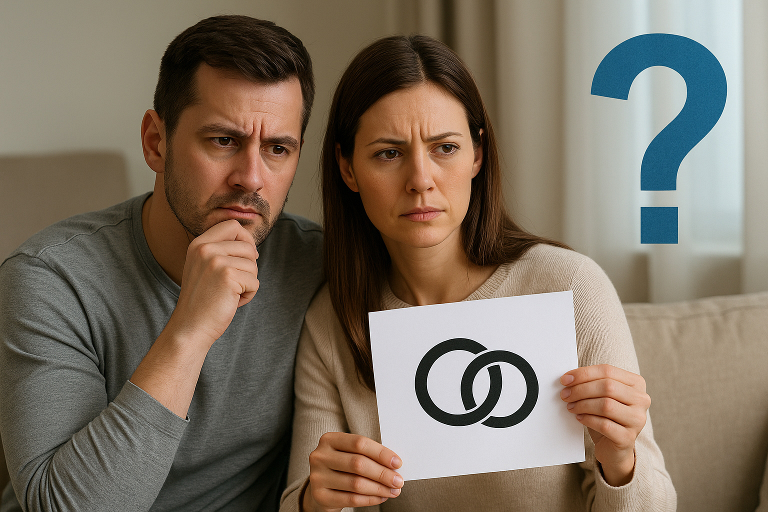 Casal pensativo segurando símbolo de união enquanto avalia se deve oficializar a união estável, com elemento de dúvida representado por um ponto de interrogação.