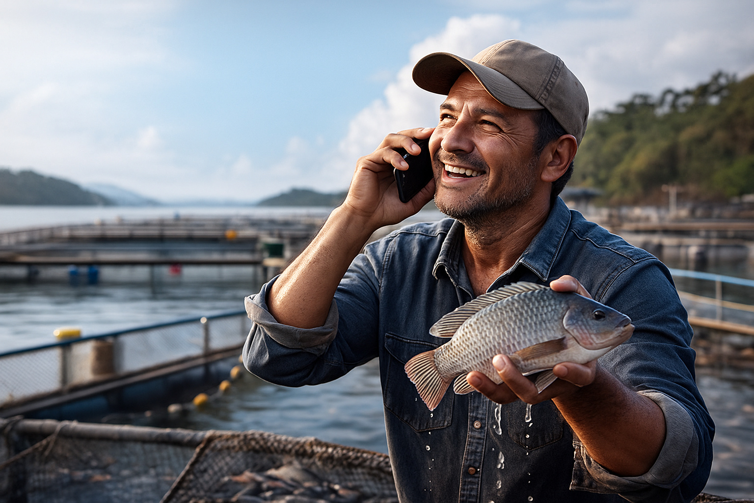 Pescador segurando uma tilápia enquanto sorri ao receber a notícia de que o cultivo da espécie continua liberado pelo governo.