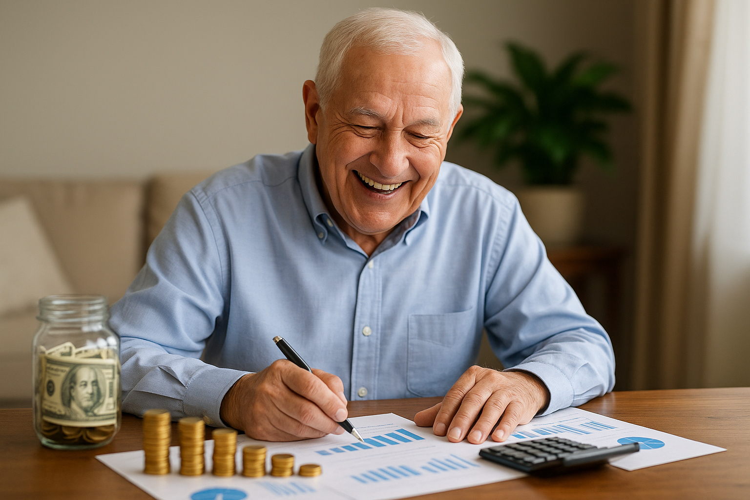 Idoso sorridente analisando gráficos financeiros com moedas empilhadas, jarro com dinheiro e calculadora sobre a mesa, representando planejamento seguro da aposentadoria.