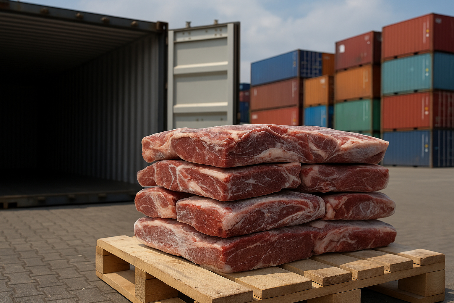 Pilhas de carne bovina congelada sobre palete em área portuária com contêineres, ilustrando exportações brasileiras de carne em 2025.