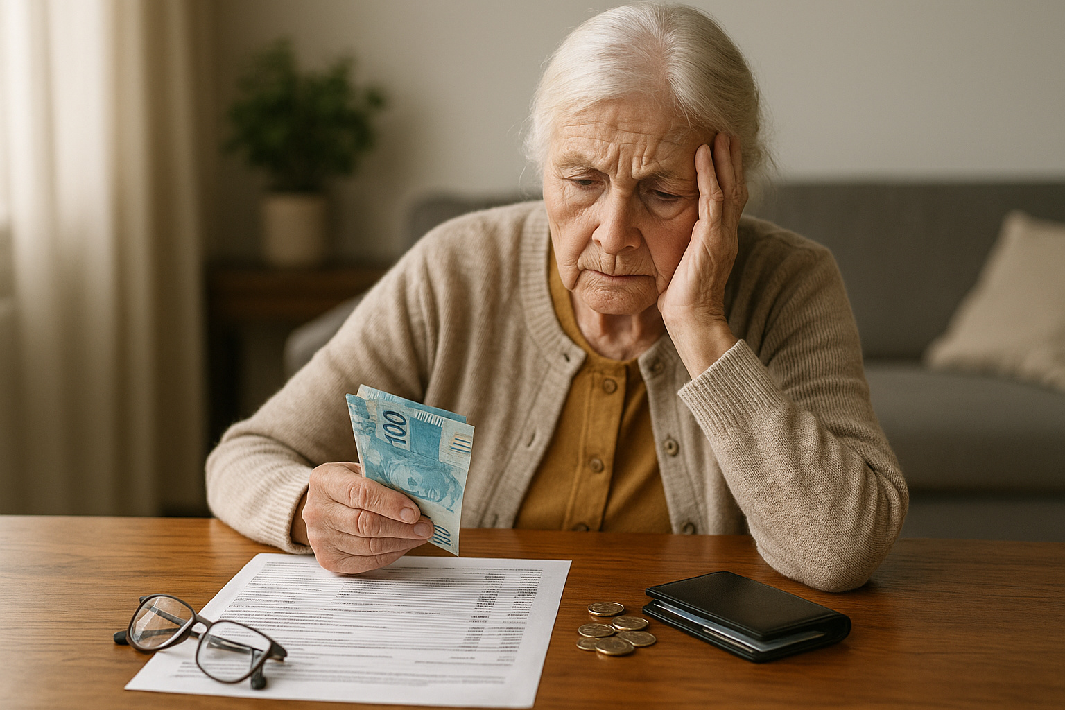 Idosa segurando notas de dinheiro e analisando contas sobre a mesa, representando a proteção do mínimo existencial garantido por lei para idosos endividados.
