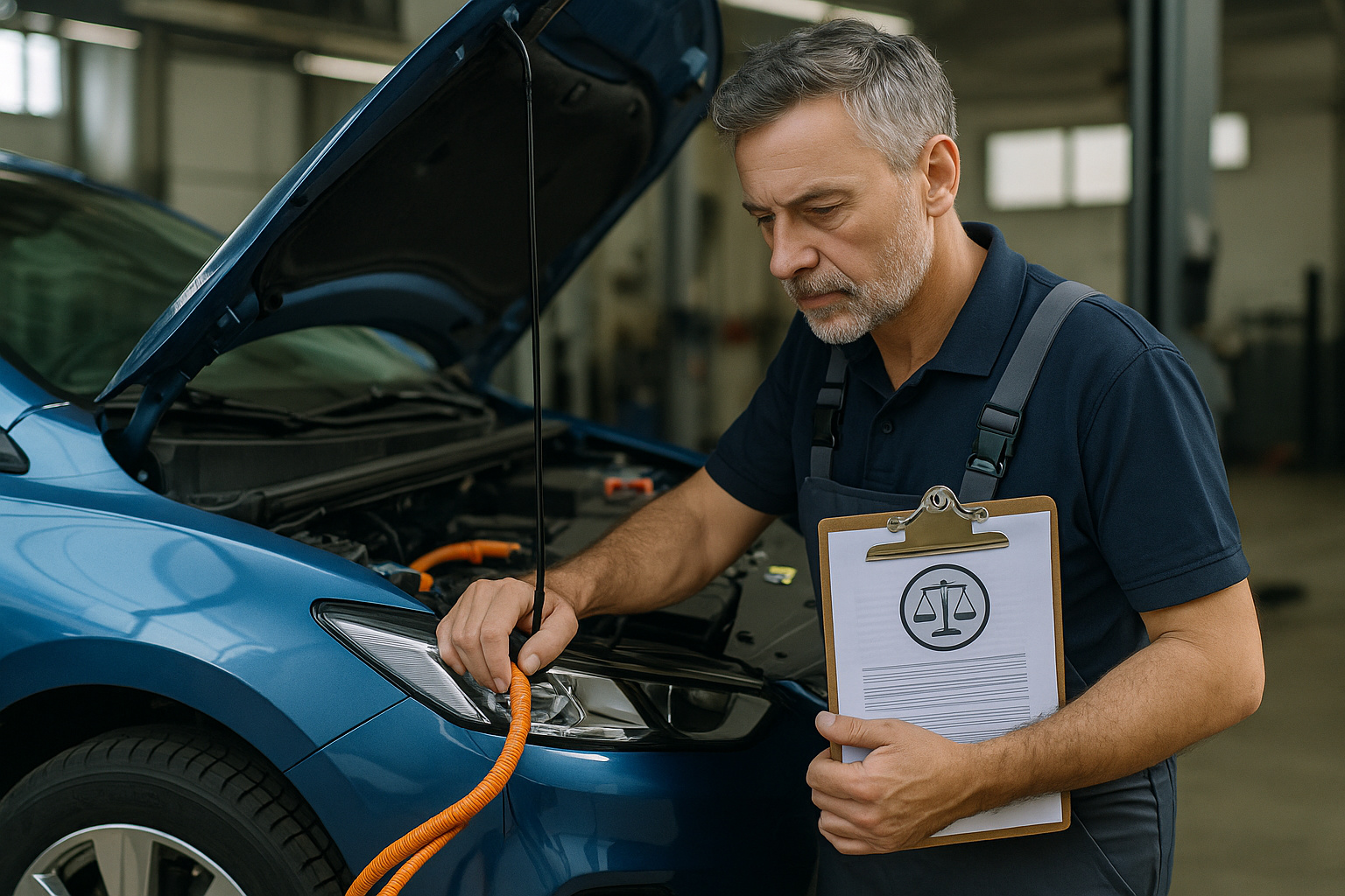 Técnico inspecionando veículo elétrico com documento da nova lei da ABNT sobre manutenção e segurança.