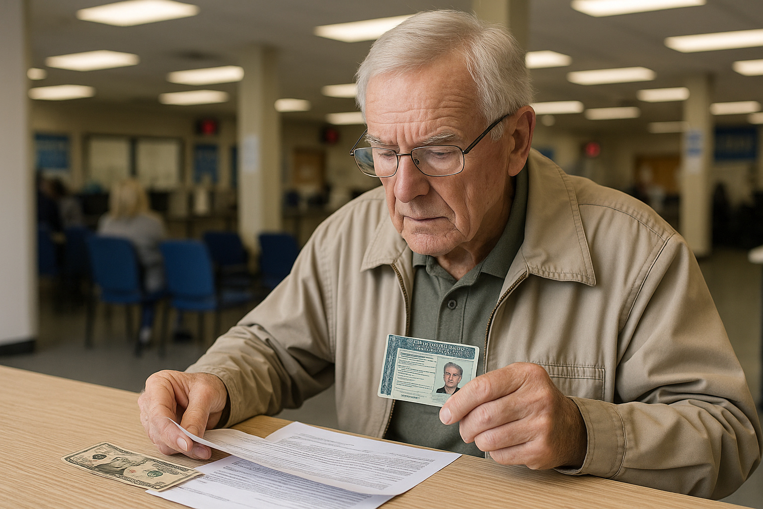 Idoso segurando a CNH enquanto analisa documentos de renovação e observa a redução de custos no processo, simbolizando a proposta que barateia a renovação para idosos.