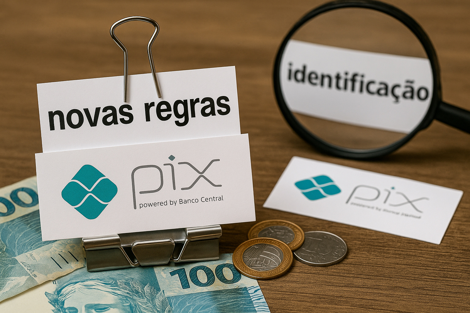 Imagem ilustrativa mostrando documentos do Pix acompanhados de lupa destacando identificação e cartão com “novas regras”, representando as mudanças do Banco Central.