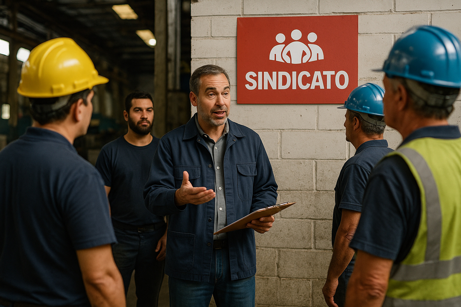 Representante sindical conversando com trabalhadores em ambiente industrial brasileiro, destacando organização coletiva e benefícios da sindicalização.