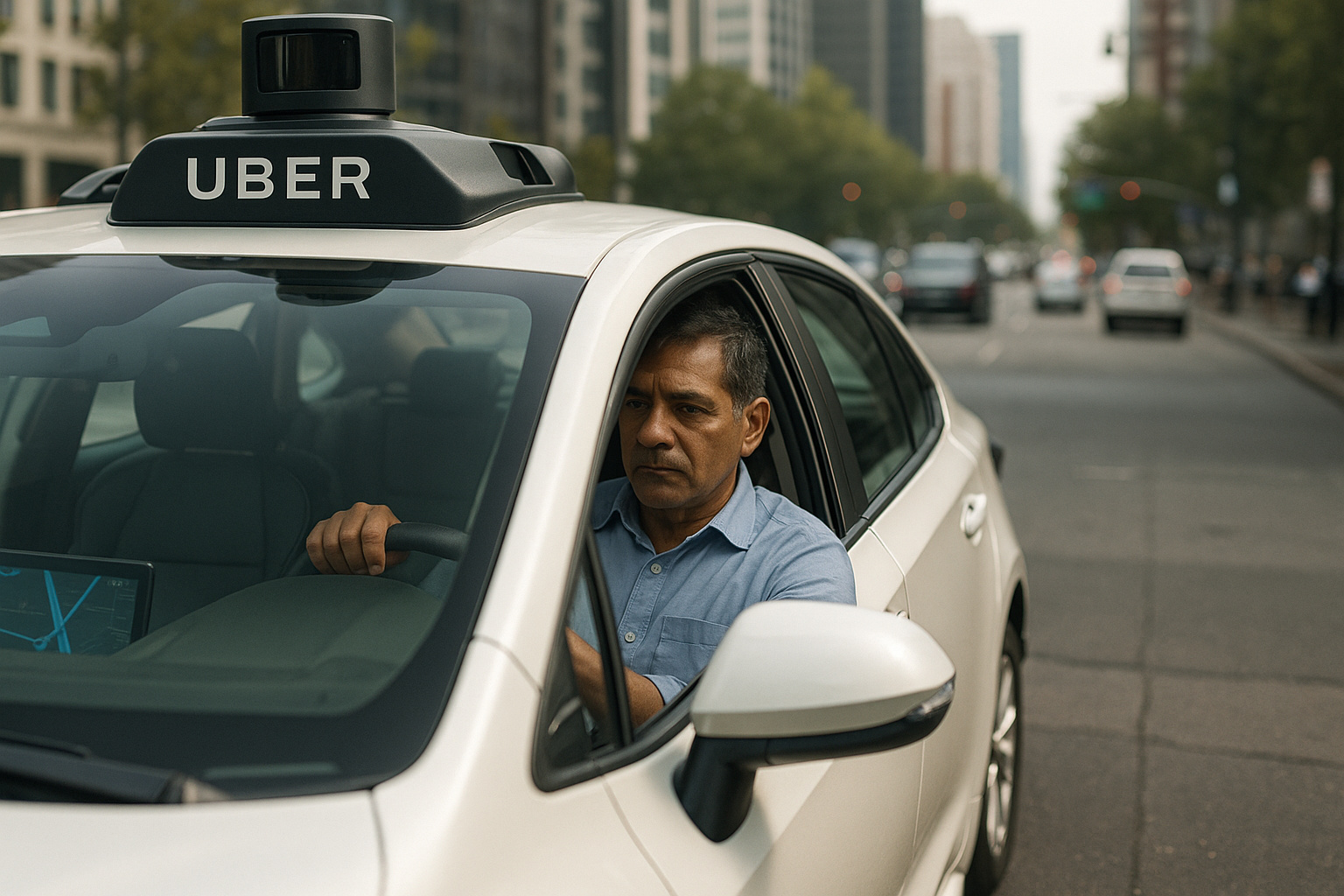 Motorista brasileiro conduz carro identificado como Uber em via urbana enquanto veículo exibe sensor de automação no teto, representando a transição para sistemas autônomos.