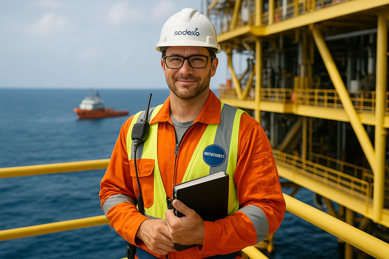 Nutricionista offshore da Sodexo em plataforma marítima segurando prancheta e usando EPIs completos durante operação embarcada.