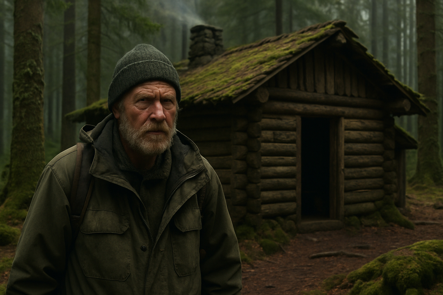 Homem isolado em frente a uma cabana de madeira na floresta escocesa, em ambiente frio e silencioso.