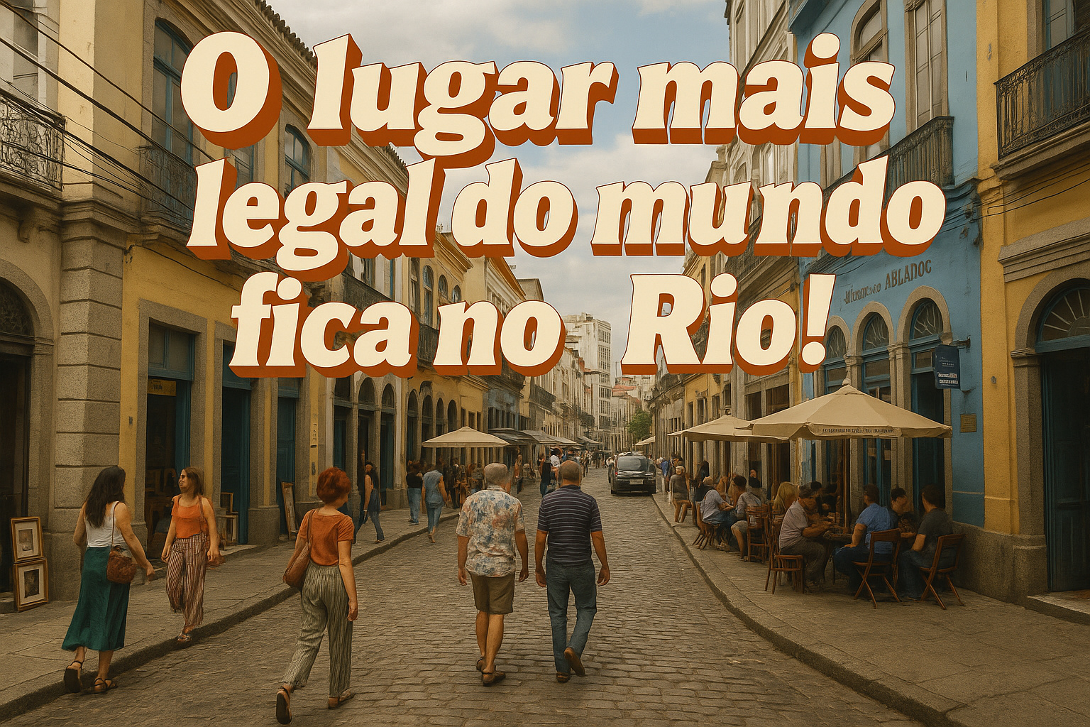 Imagem ultra realista da Rua do Senado, no Centro do Rio, com pessoas caminhando entre prédios históricos e a frase 3D “O lugar mais legal do mundo fica no Rio!”, destacando o título recebido pela Time Out em 2025.