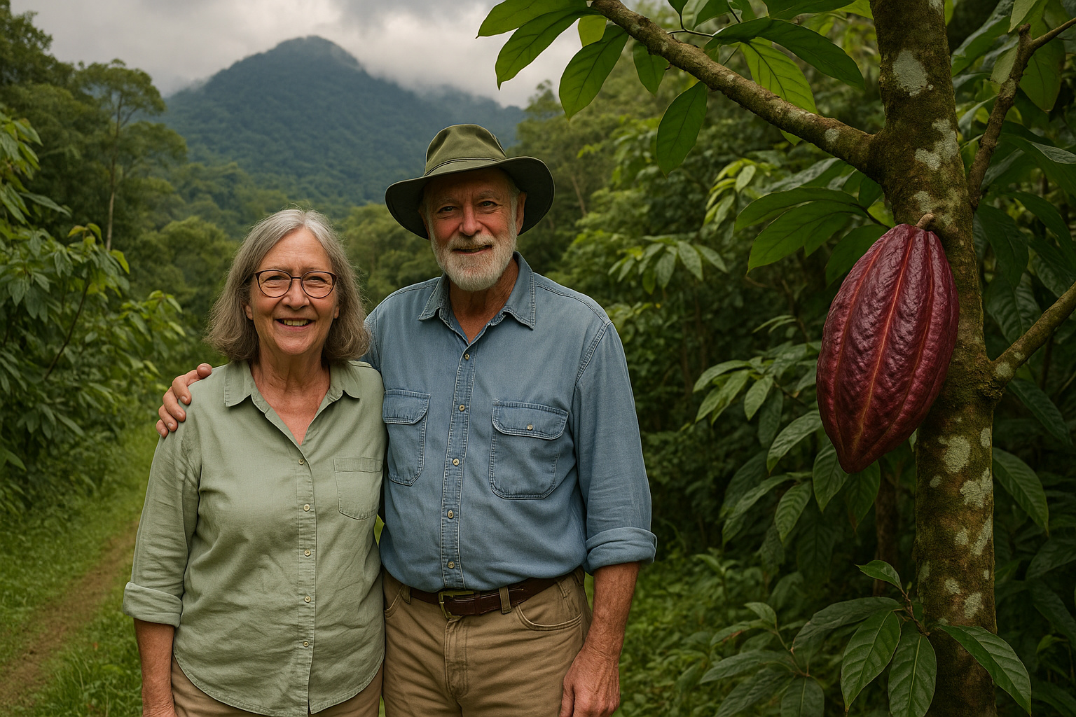 Casal preservacionista em Ubatuba ao lado de cacau na Serra do Mar