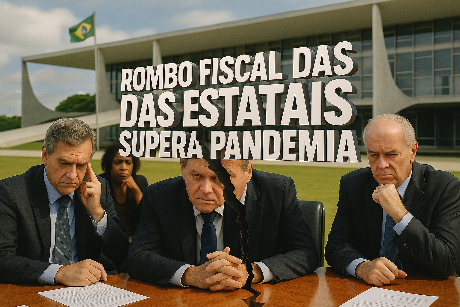 Reunião de autoridades brasileiras diante do Palácio do Planalto, com semblantes preocupados e gráfico de queda simbolizando o rombo fiscal das estatais que supera o período da pandemia.