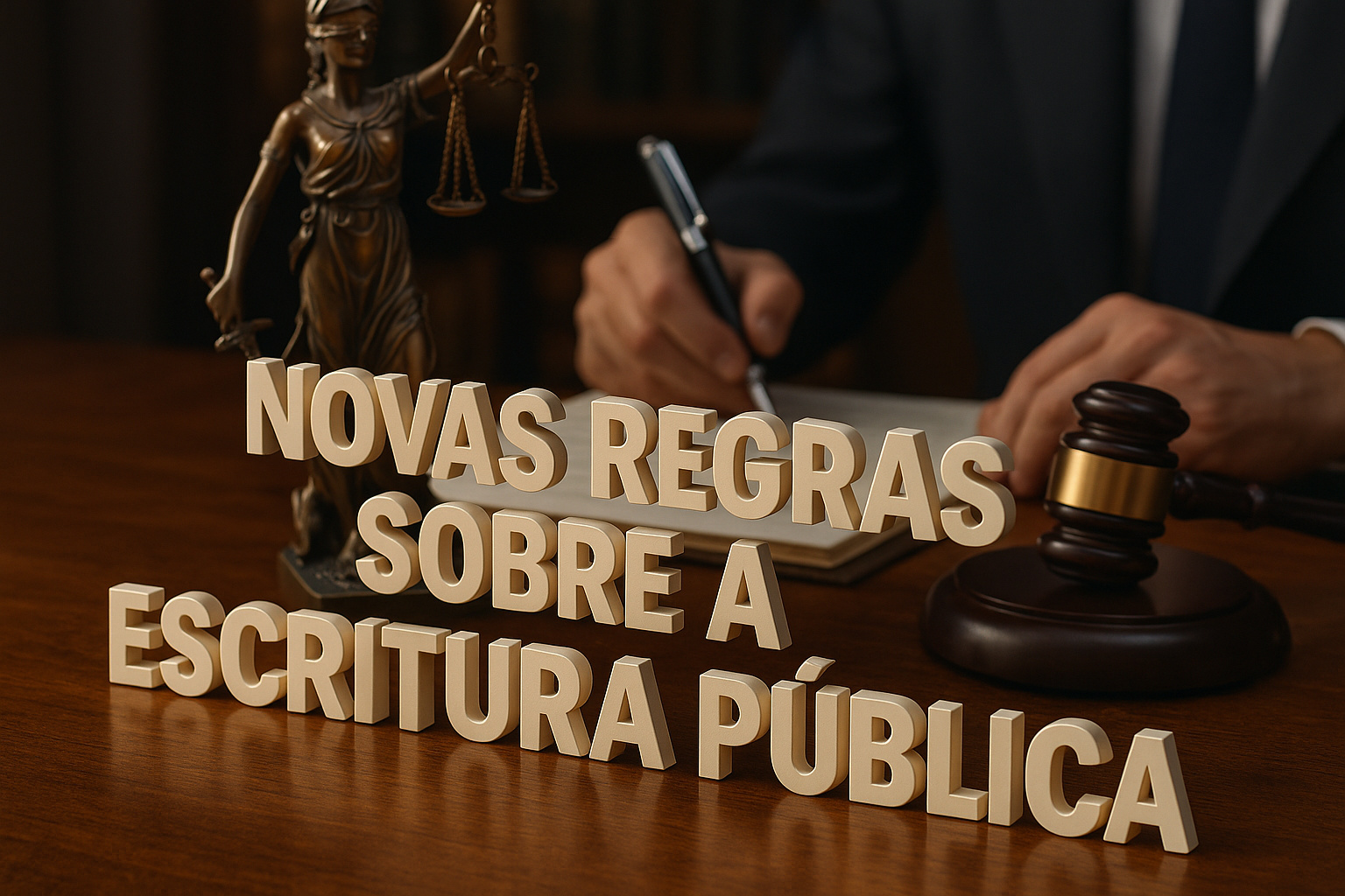 Homem assinando documento enquanto a frase 3D “novas regras sobre a escritura pública” aparece sobre a mesa com martelo judicial e estátua da Justiça.