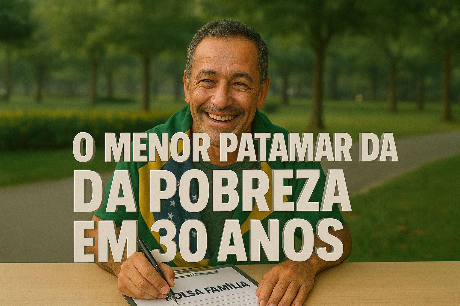 Cidadão brasileiro sorridente realizando cadastro no Bolsa Família, com frase em 3D destacando o menor patamar de pobreza em 30 anos.