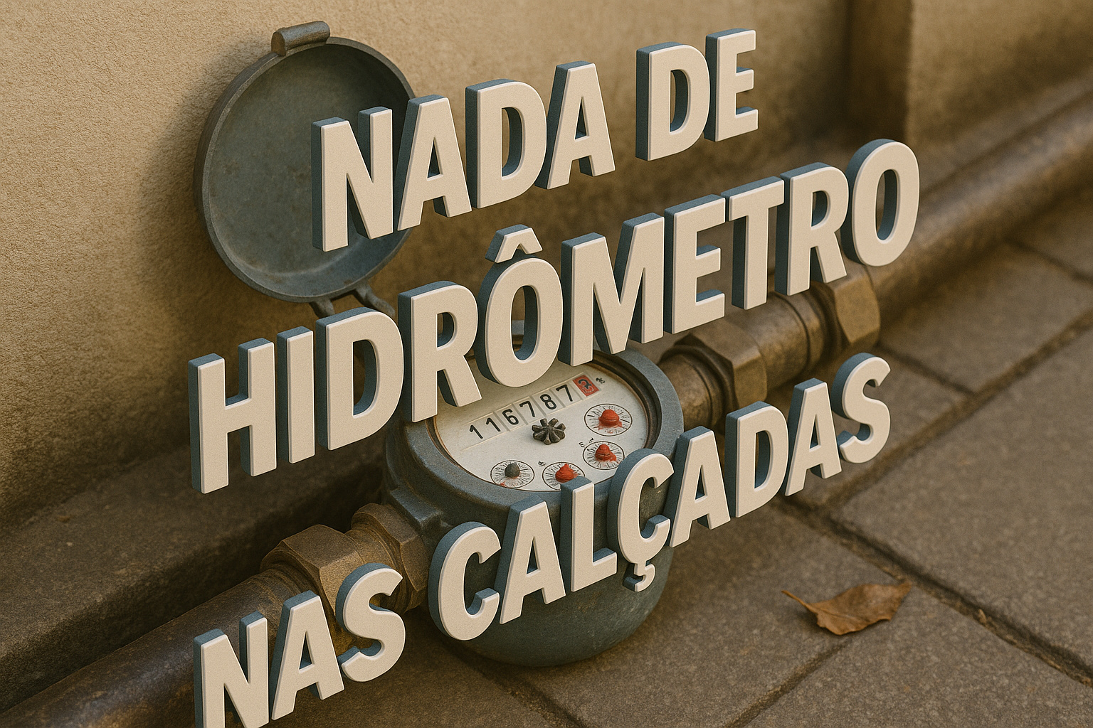 Hidrômetro instalado no chão com a frase 3D “Nada de hidrômetro nas calçadas”, simbolizando a nova lei que proíbe medidores externos.