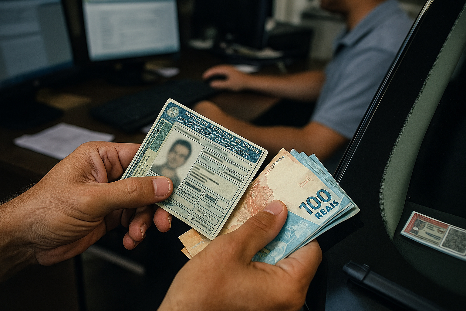 Pessoa segurando uma CNH e notas de dinheiro em um ambiente de atendimento, ilustrando o uso das multas para financiar a habilitação social no Brasil.