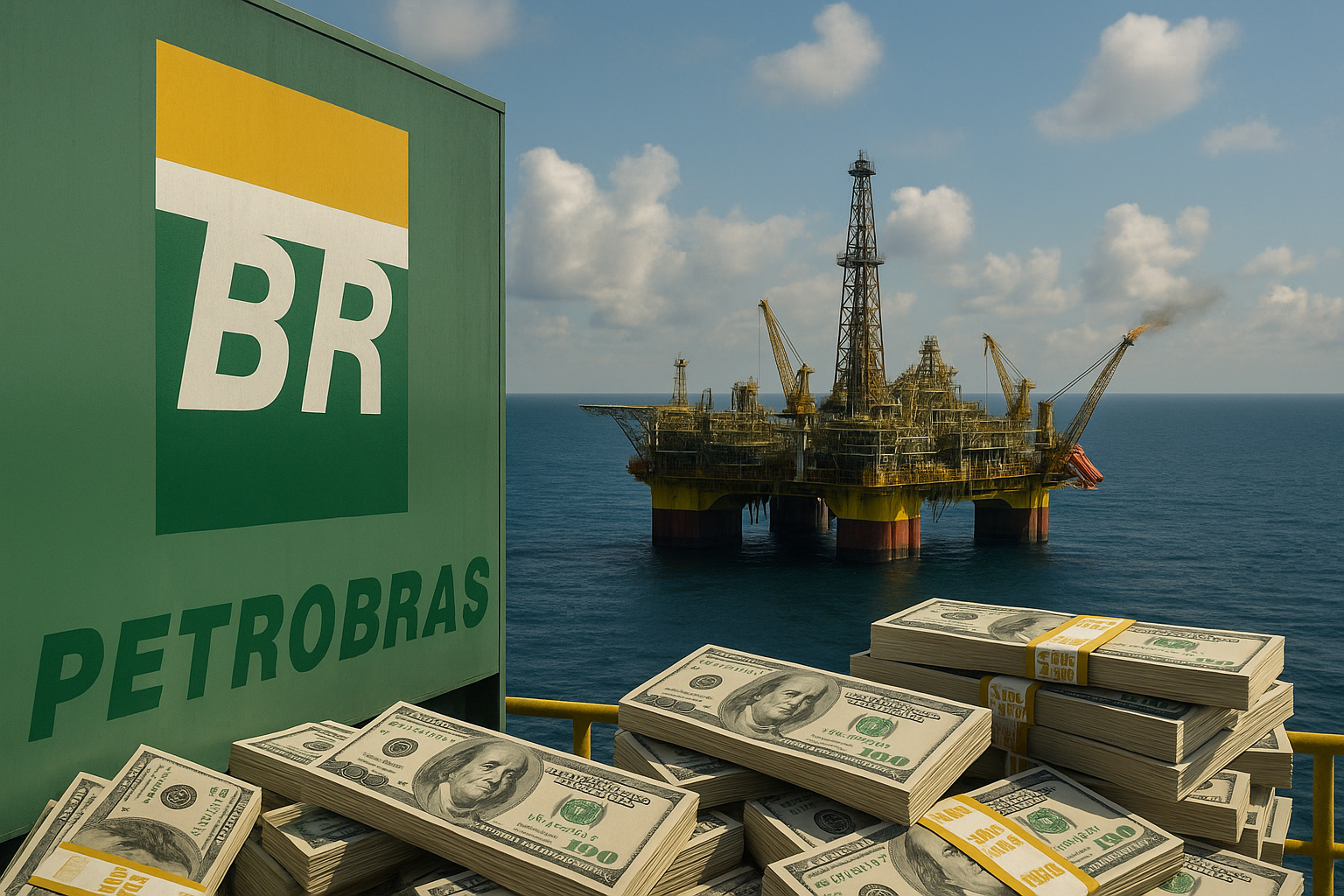 Plataforma da Petrobras no mar com pilhas de dólares representando o plano bilionário de US$ 106 bilhões até 2030.