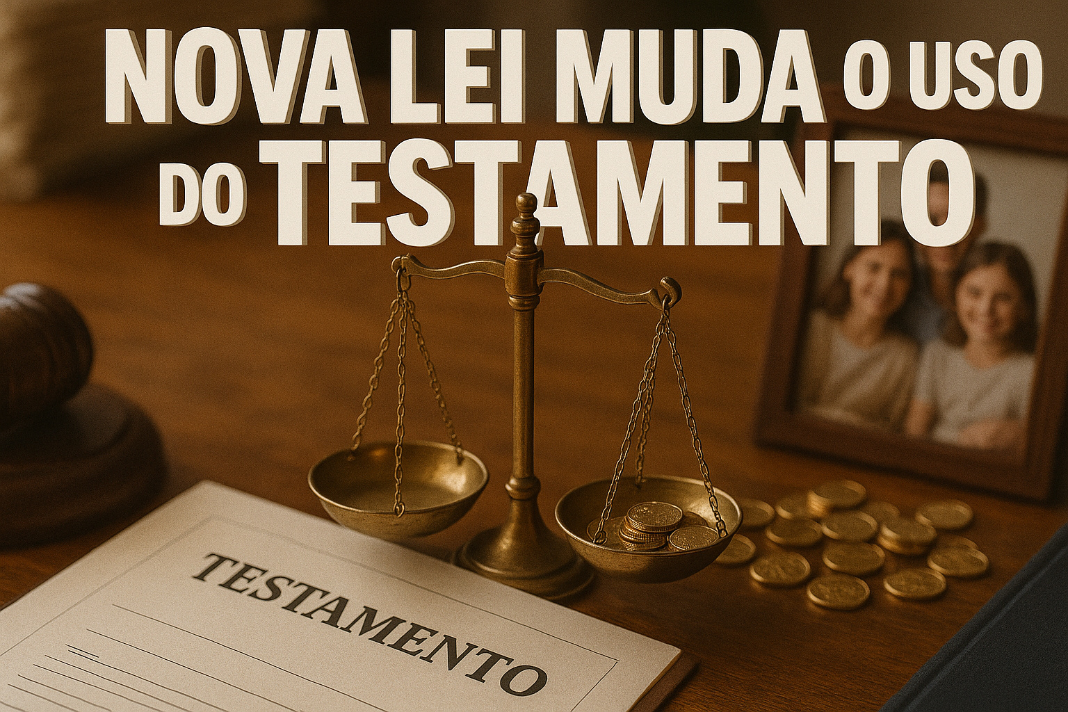 Imagem ilustrativa com balança dourada, documento de testamento, moedas, martelo jurídico e foto de família representando mudanças na lei de herança.
