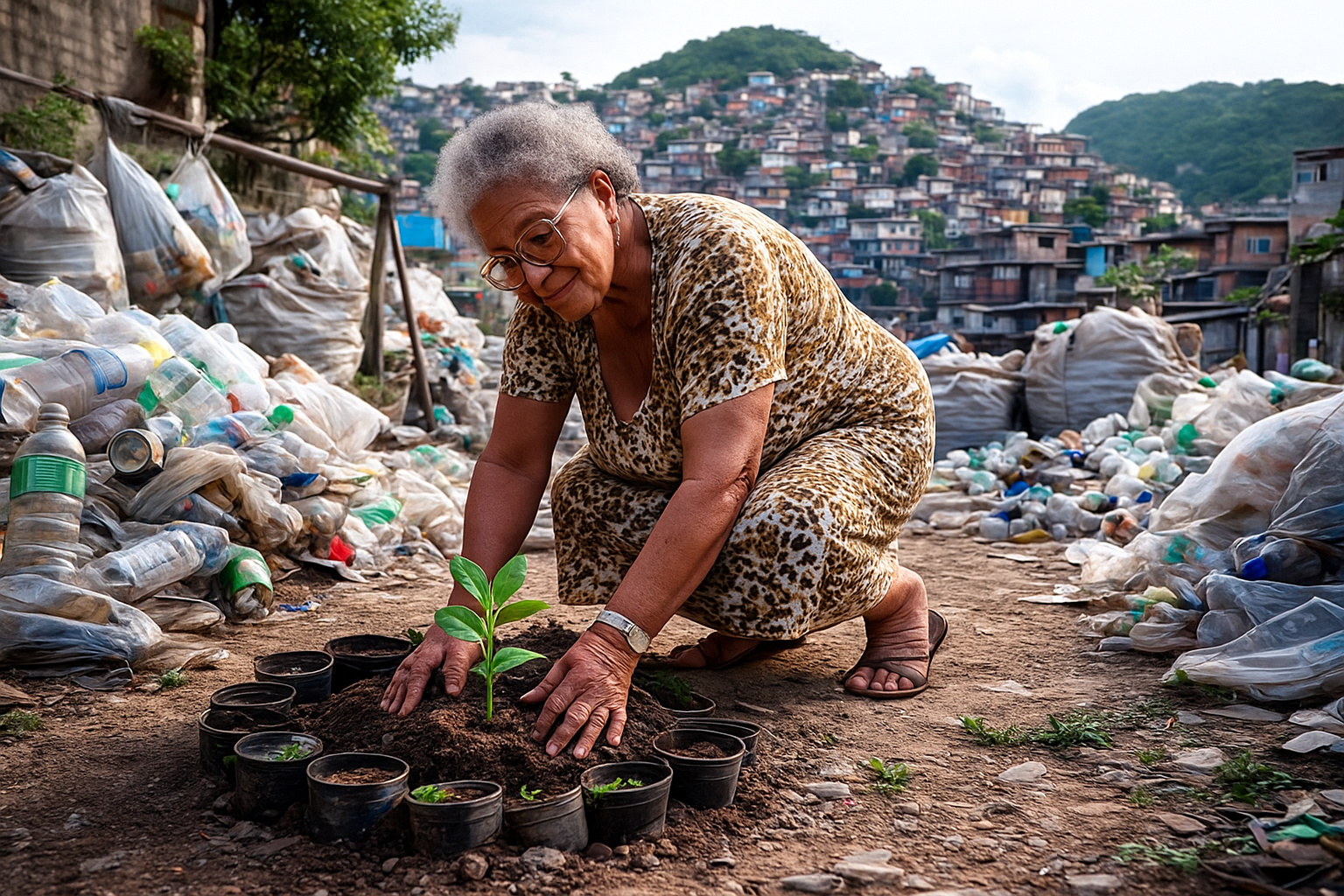 Senhora plantando muda em meio a materiais recicláveis no Morro do Alemão, simbolizando ações comunitárias de reciclagem e sustentabilidade.