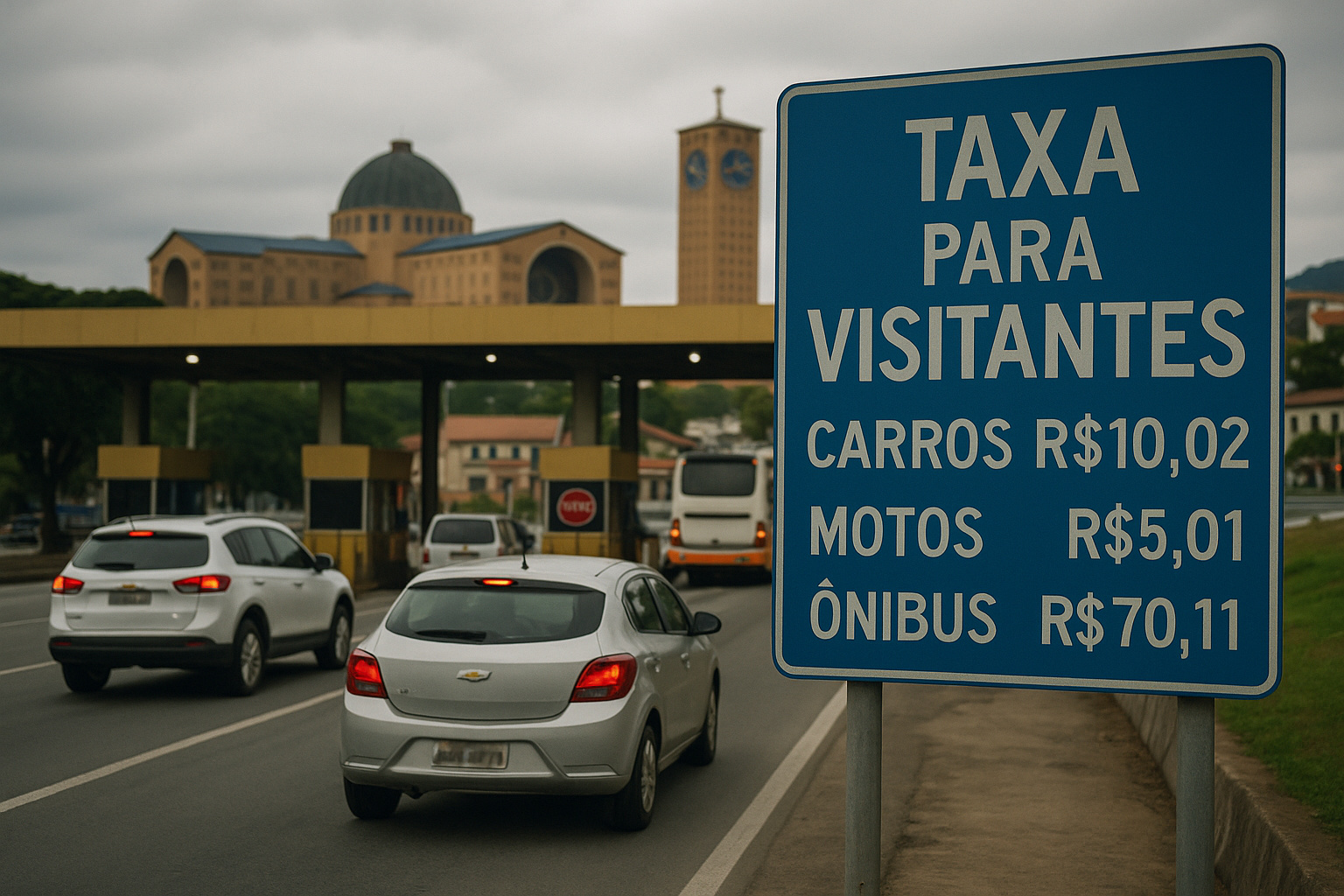 Placa indicando taxa para visitantes em Aparecida com valores para carros, motos e ônibus diante do fluxo de veículos rumo ao Santuário Nacional.