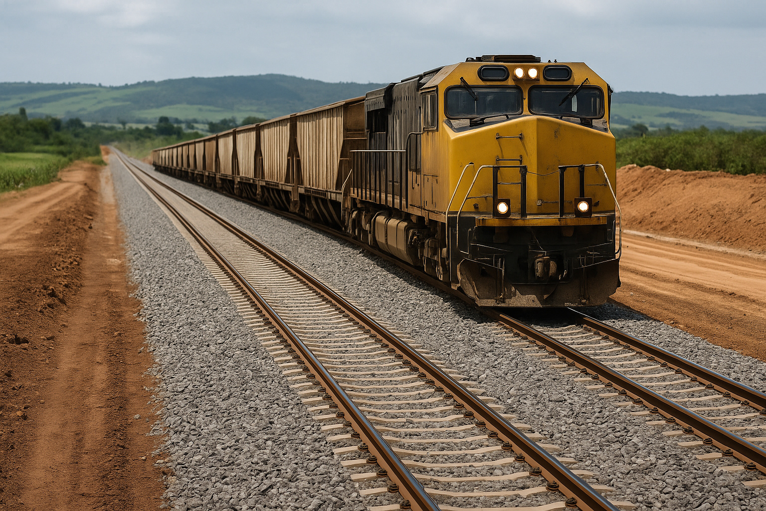 Operários trabalham em túnel subterrâneo iluminado durante a construção da maior linha de metrô do Nordeste, com trem elétrico amarelo parado nos trilhos.