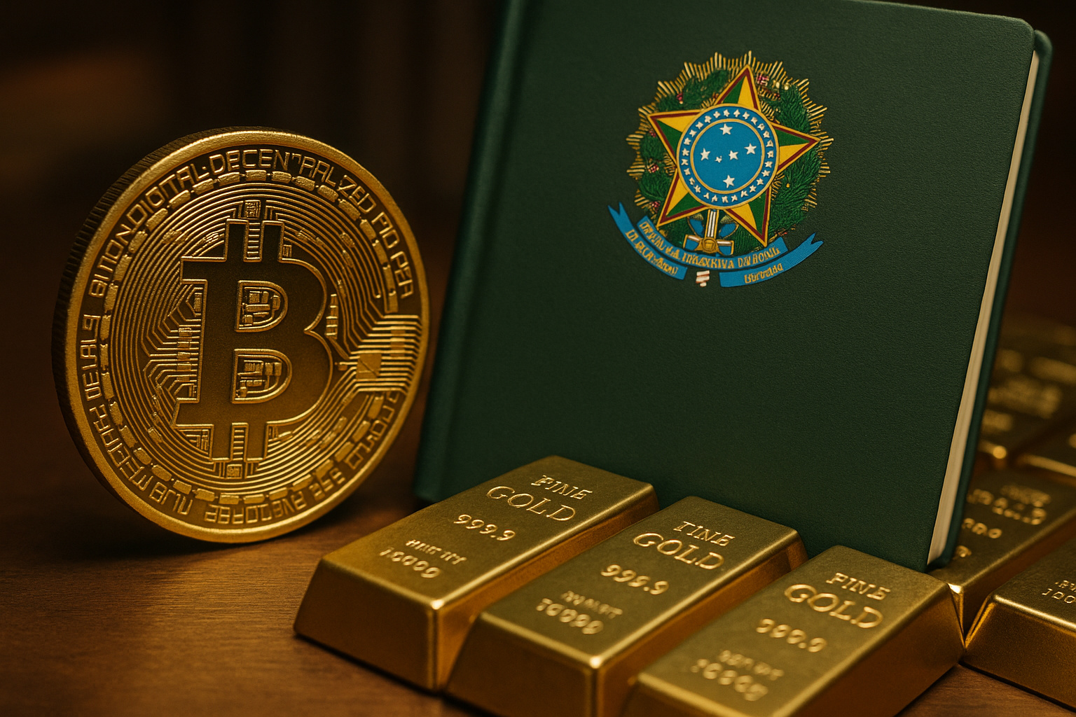 Bitcoin dourado ao lado de dossiê verde com o brasão da República do Brasil e barras de ouro, simbolizando o projeto do governo para liquidar criptomoedas apreendidas.
