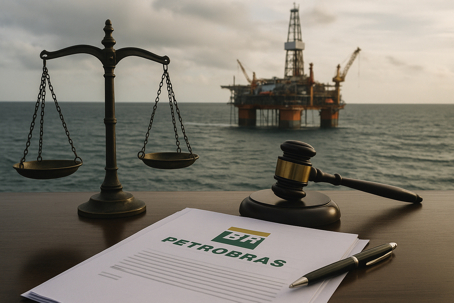 Plataforma offshore ao fundo com balança jurídica, martelo do juiz e documentos da Petrobras sobre a mesa, simbolizando decisão do STJ.