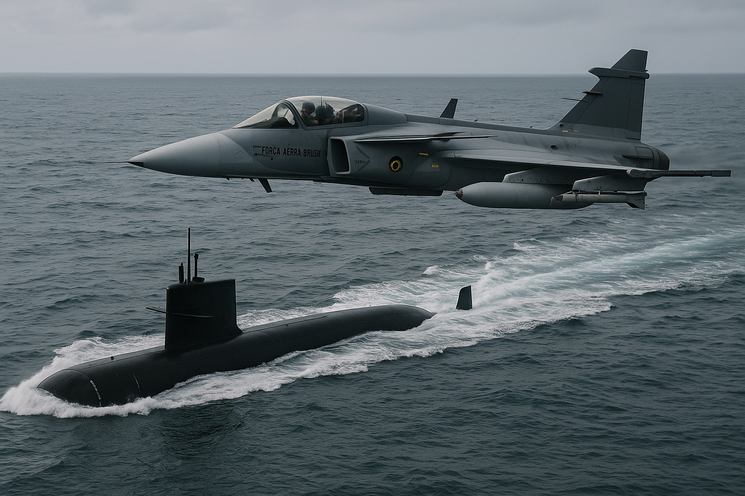 Gripen da Força Aérea Brasileira sobrevoando submarino brasileiro em operação no Atlântico, representando o avanço militar do Brasil com tecnologia moderna.