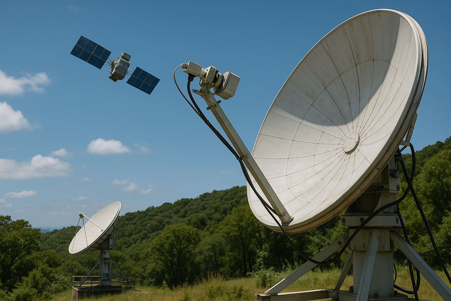 Antena de satélite apontada para o céu com satélite em órbita, ilustrando a internet MEO de 1 Gbps da parceria Telebras e SES que desafia a Starlink.