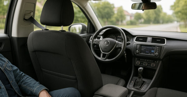 Interior de um carro mostrando o banco dianteiro liberado para passageiros, com motorista ao volante e ambiente detalhado conforme regras atualizadas da Uber.