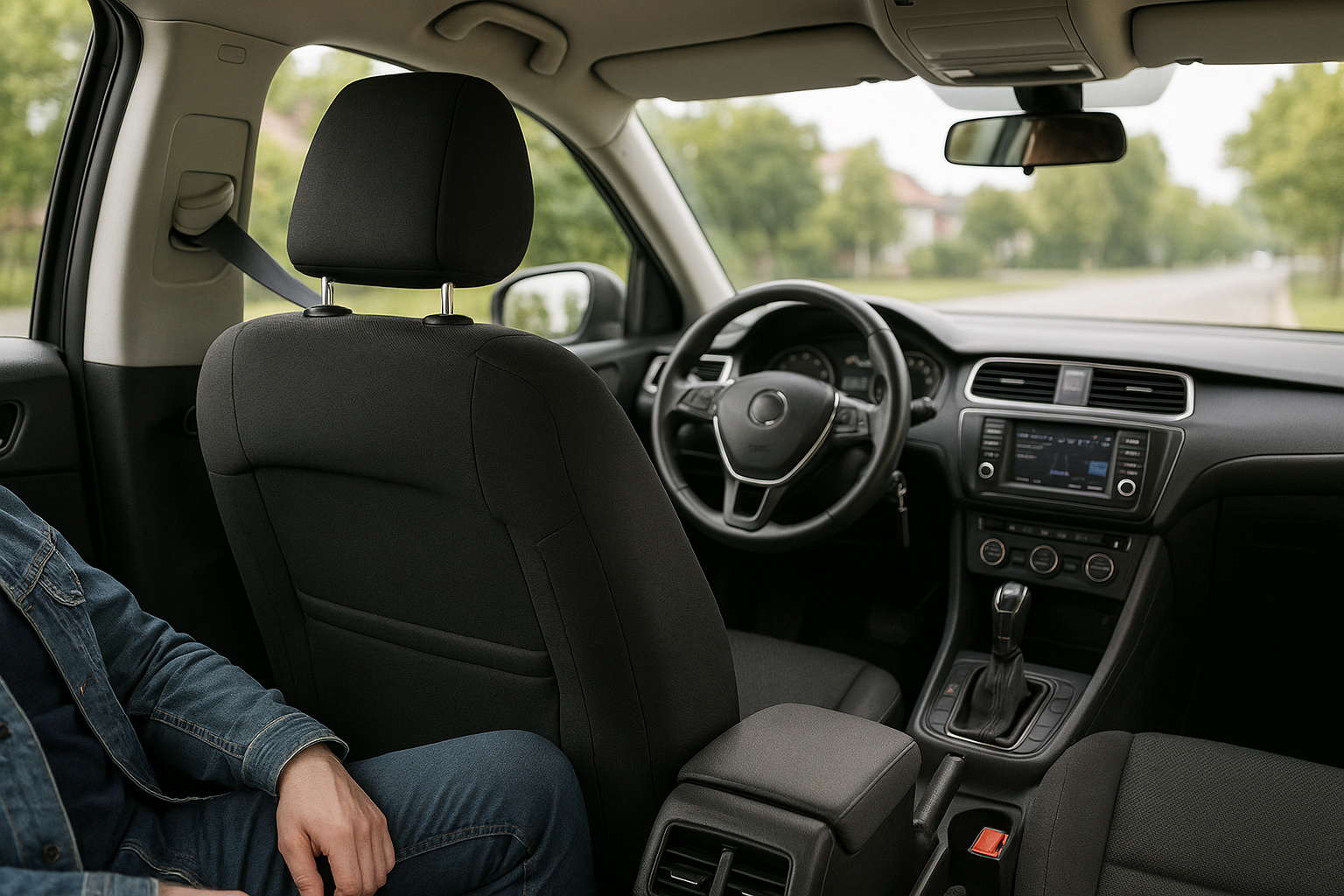 Interior de um carro mostrando o banco dianteiro liberado para passageiros, com motorista ao volante e ambiente detalhado conforme regras atualizadas da Uber.