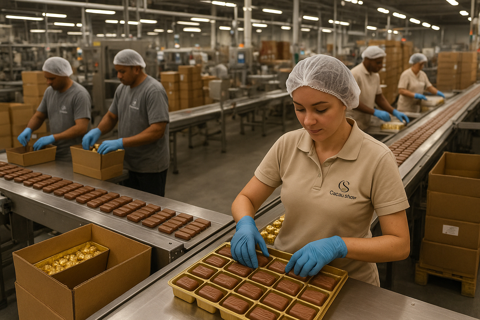 Funcionários da Cacau Show trabalhando na linha de produção de chocolates durante a campanha de Natal nas fábricas de Itapevi e Linhares.