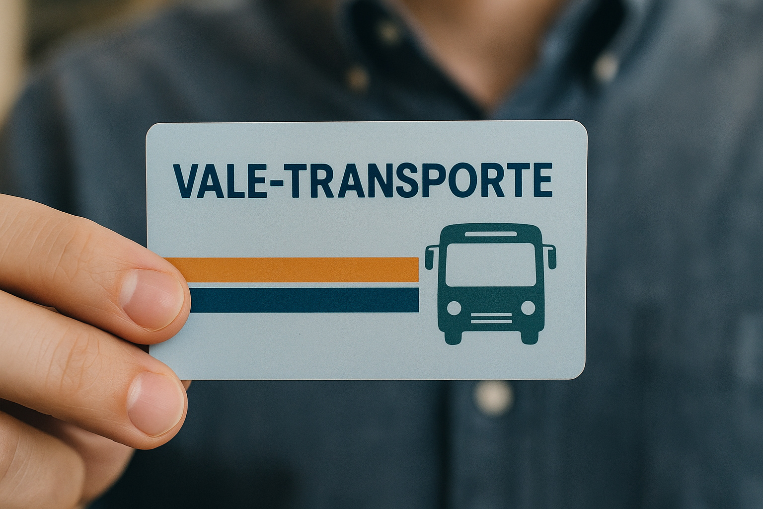 Cartão de vale-transporte segurado por trabalhador, simbolizando o benefício obrigatório previsto na Lei 7.418/1985.