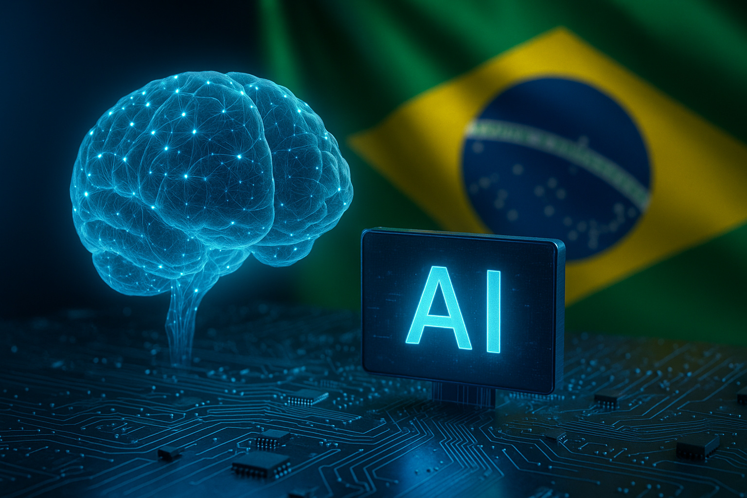 Representação digital de inteligência artificial soberana com cérebro virtual azul sobre circuito eletrônico e bandeira do Brasil ao fundo.