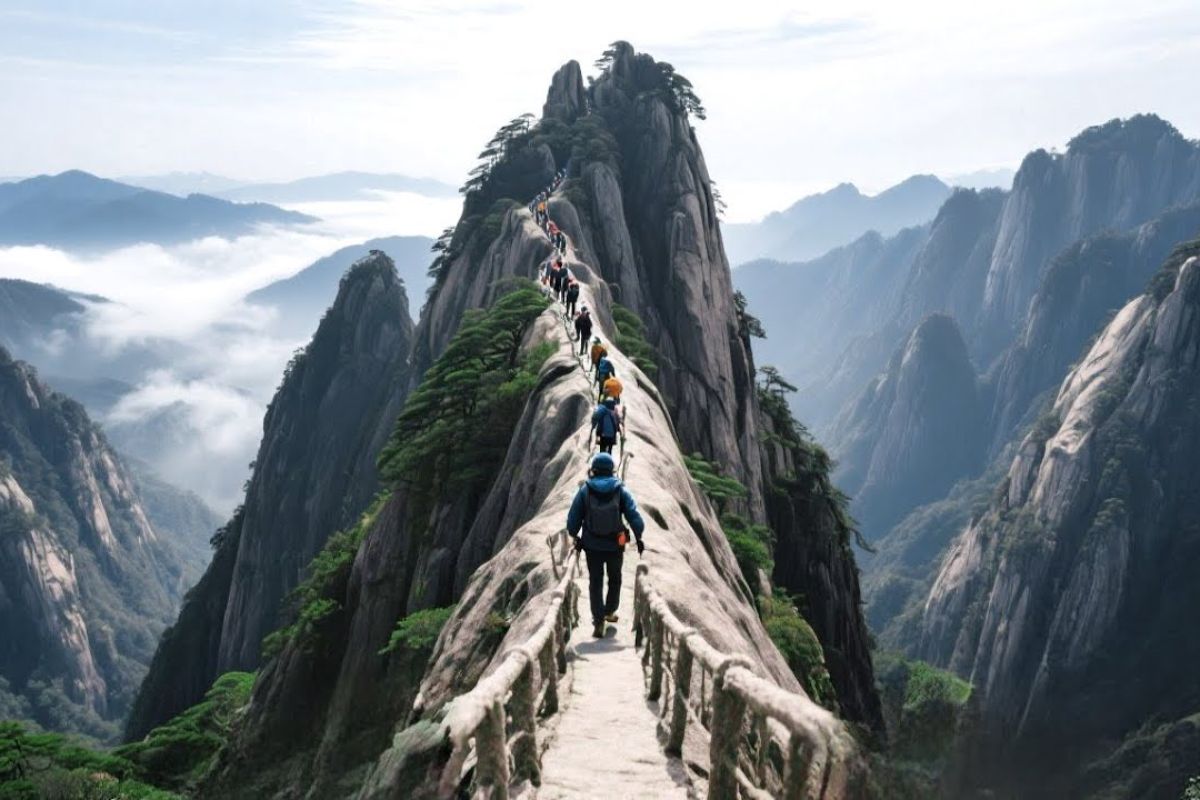 O Pico Tiandu em Huangshan é a trilha mais extrema da China, com milhares de degraus quase verticais e cenário dramático para quem encara essa trilha radical.