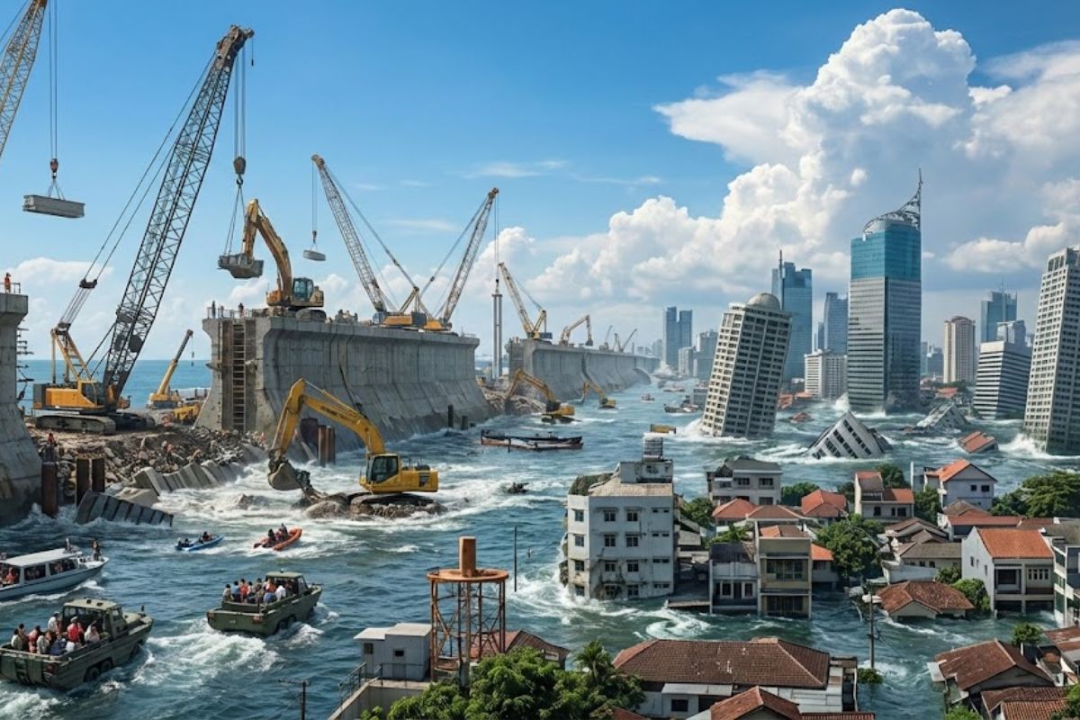 Jacarta, maior cidade do mundo, afunda até 25 cm por ano, tem metade da área abaixo do nível do mar e corre risco real de desaparecer sob a água.