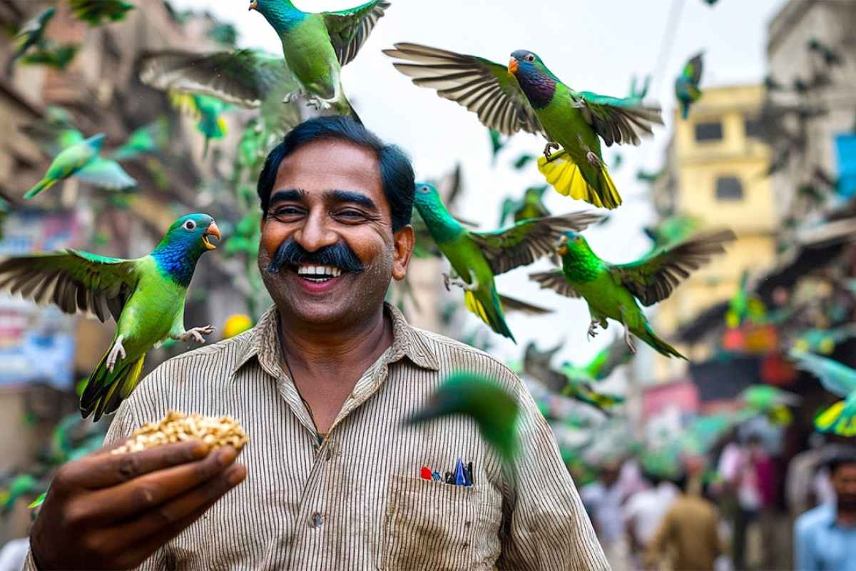 Joseph transforma o telhado em santuário para milhares de periquitos em Chennai, gasta parte da renda com arroz todos os dias e mantém uma rotina impressionante há anos.
