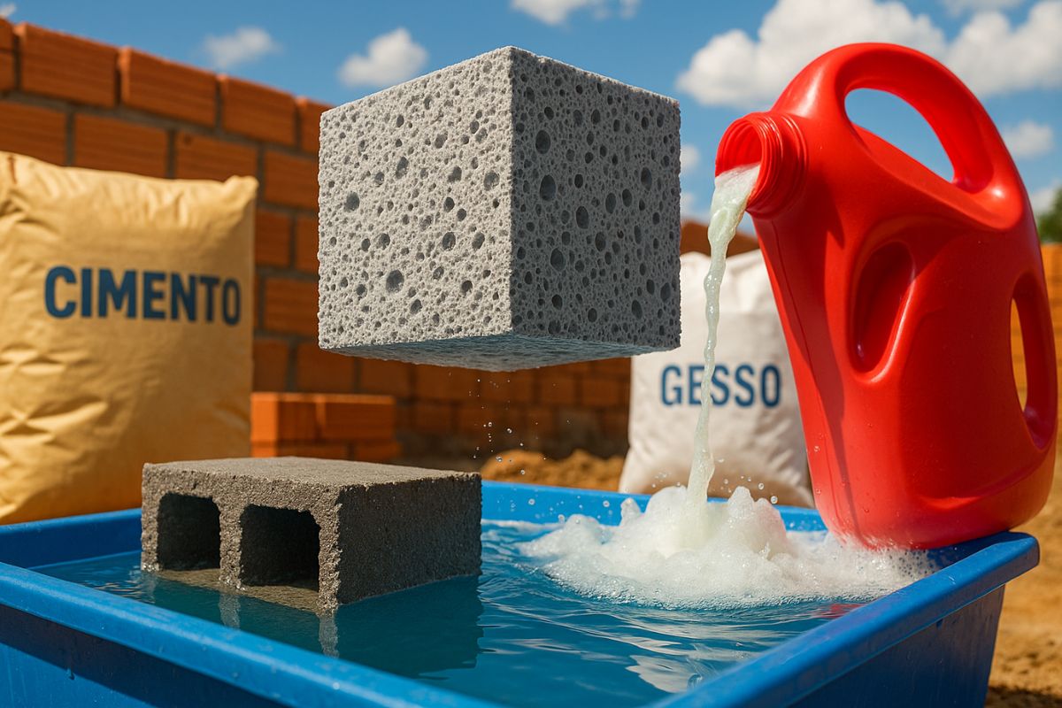 Experimento revela um bloco 70% mais leve que o concreto usando concreto, cimento, gesso e detergente, com microbolhas de ar que reduzem peso e mantêm resistência em aplicações de obra.