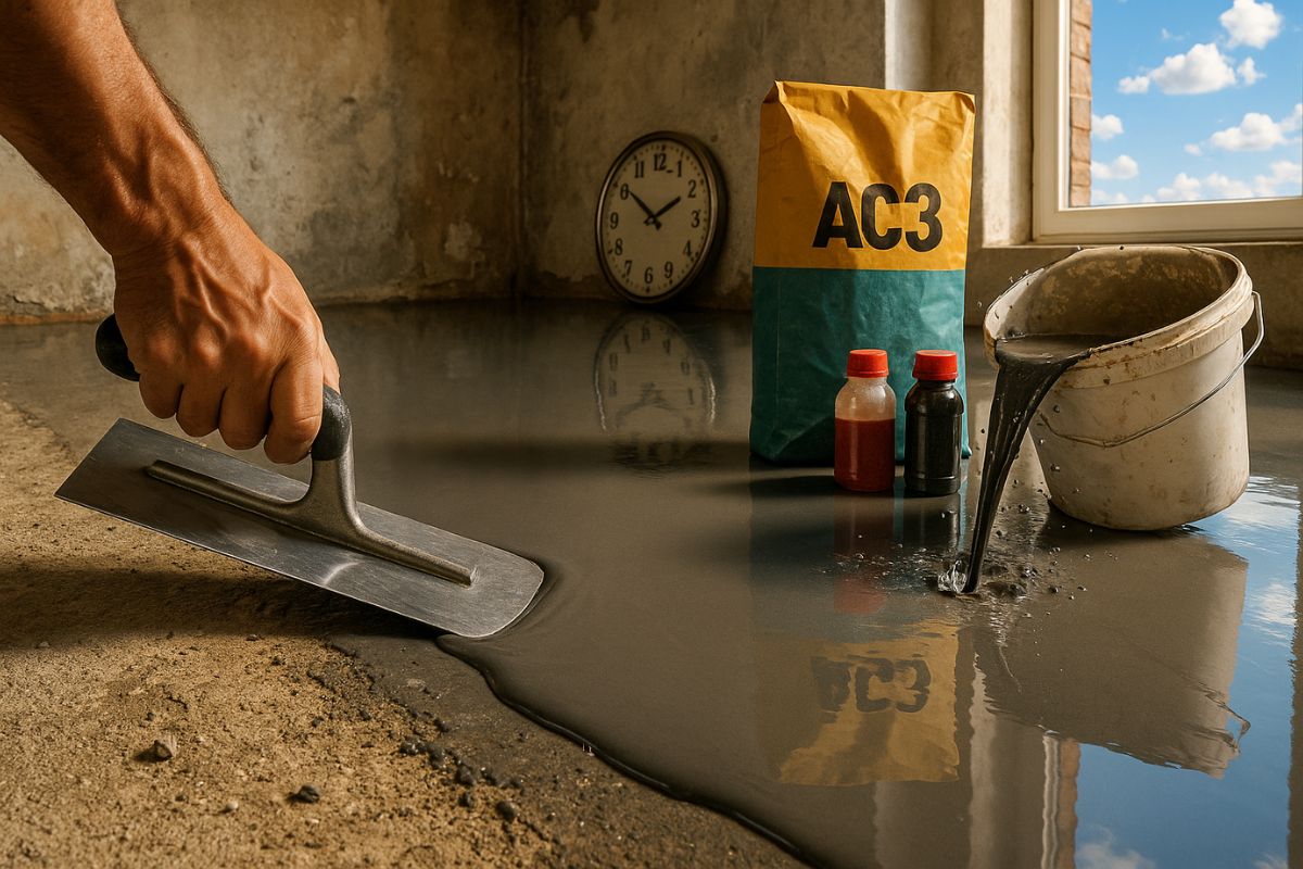 Aprenda passo a passo o cimento queimado autonivelante caseiro, usando argamassa AC3 sobre o piso grosso, com efeito de cimento queimado, acabamento com cera incolor e piso liso digno de obra profissional.