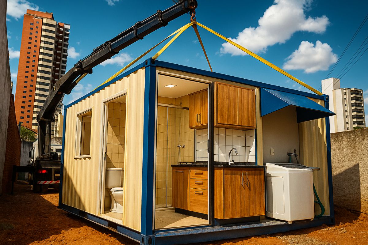 Contêiner adaptado em Campinas vira casa completa com banheiro pronto, cozinha planejada funcional, lavanderia organizada e área externa pensada para uso diário, mostrando que esse tipo de contêiner pode virar moradia real.