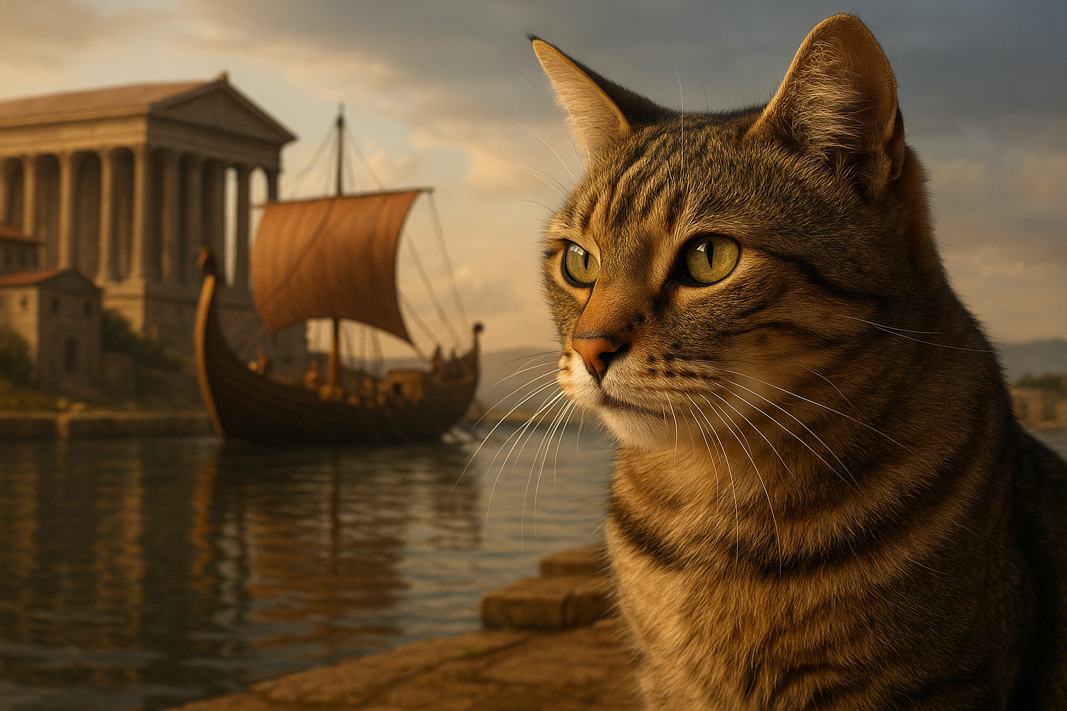 Gato observado em frente a um porto romano, simbolizando a chegada dos felinos à Europa pelo comércio marítimo há 2.000 anos.