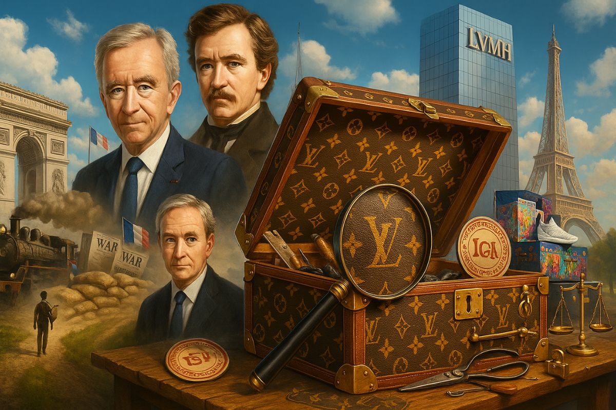 A ascensão de Louis Vuitton: dos baús planos ao monograma LV, a virada com a LVMH e Bernard Arnault, combate a falsificações e legado que sustenta o império.