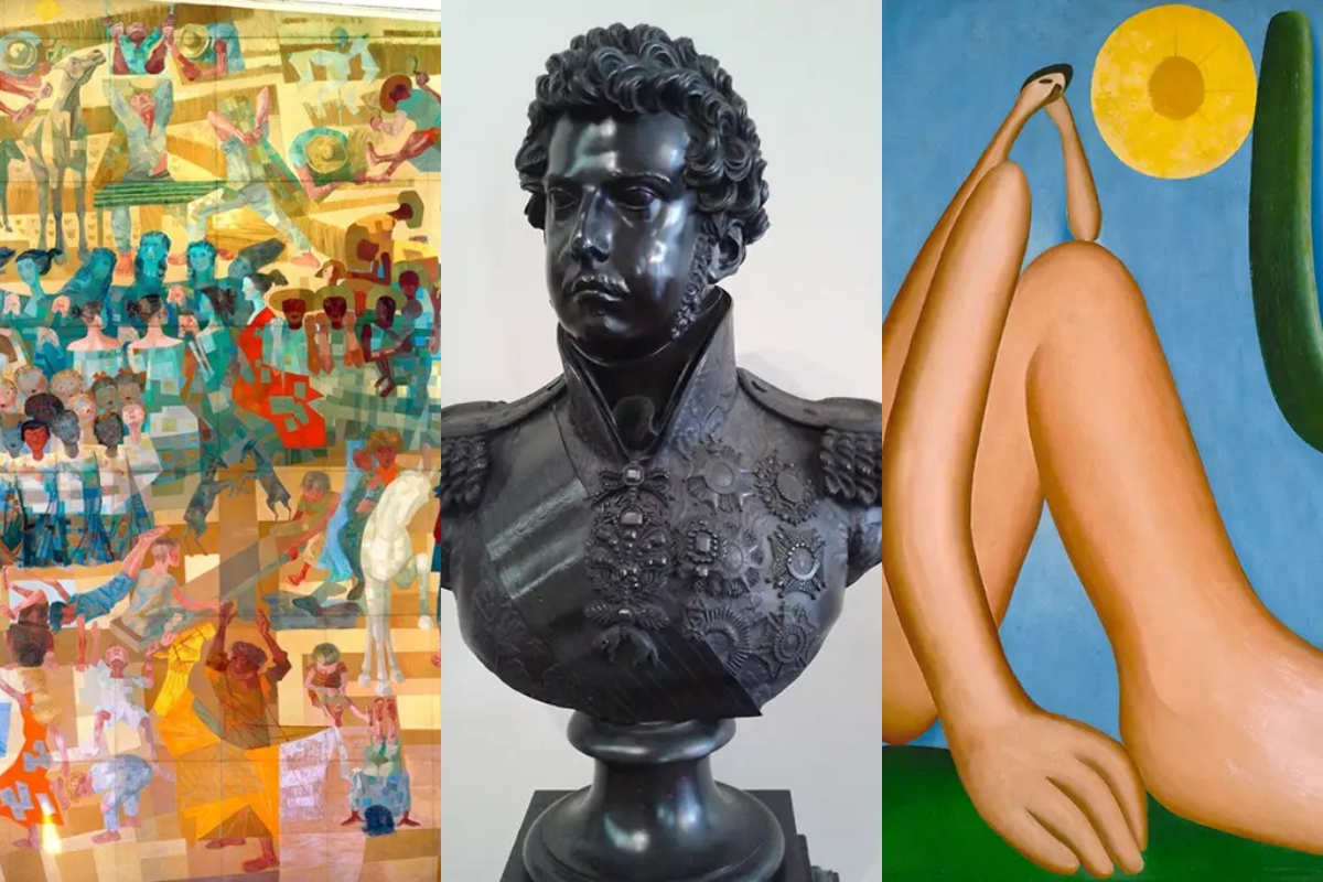 Obras de arte brasileiras em museus estrangeiros, como Abaporu de Tarsila do Amaral e o busto de Dom Pedro I, representando o legado cultural do Brasil no exterior