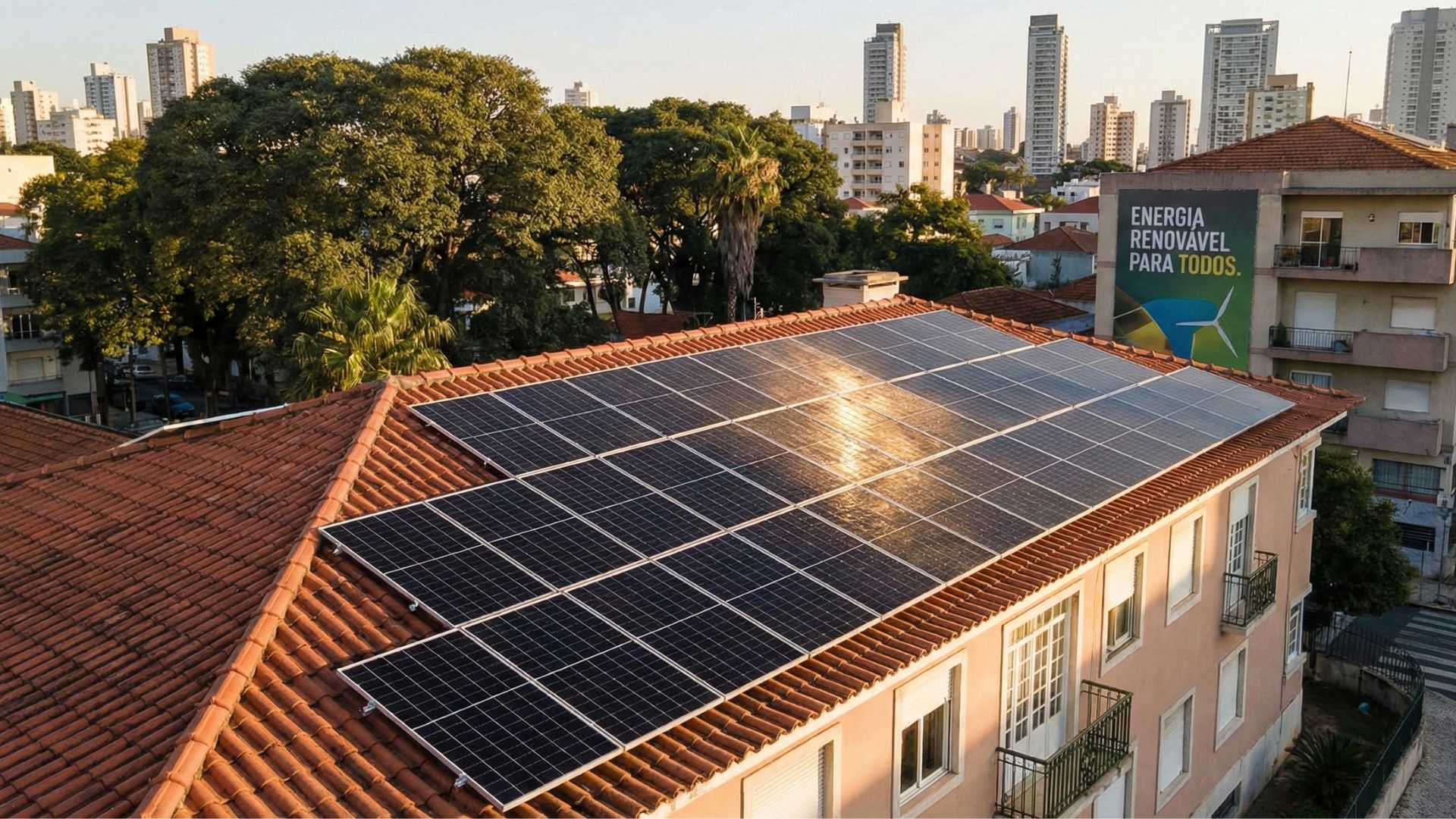 Instalação de painéis solares em telhado residencial com fundo urbano e mensagem sobre energia renovável.