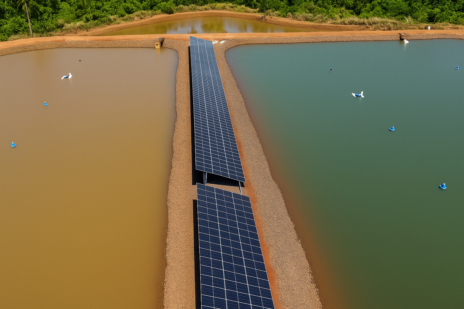 Painéis solares instalados entre dois reservatórios de água, captados em um dia ensolarado.