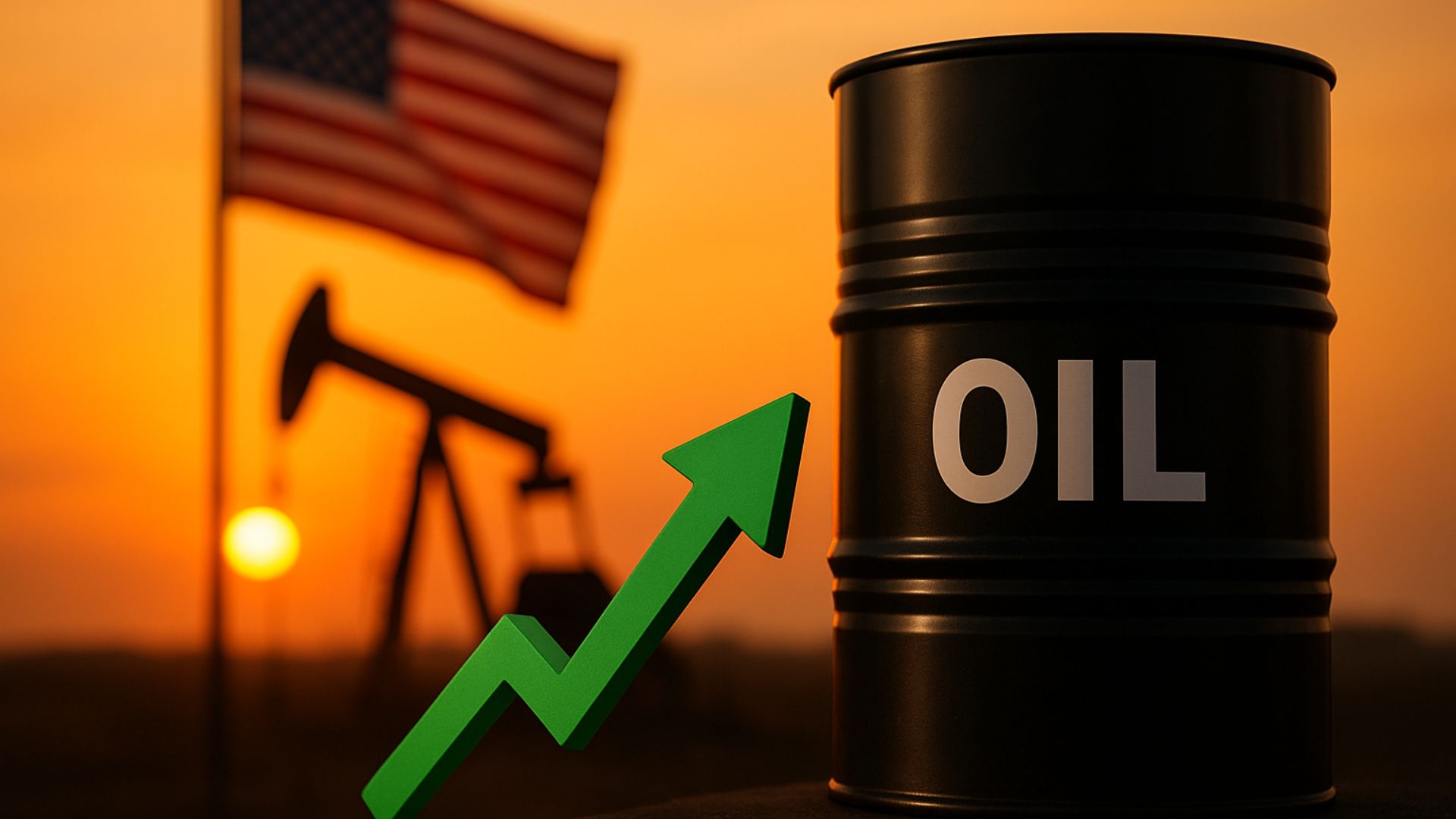 Barril de petróleo com seta verde apontando para cima, bandeira dos Estados Unidos e bomba de extração ao pôr do sol desfocado.