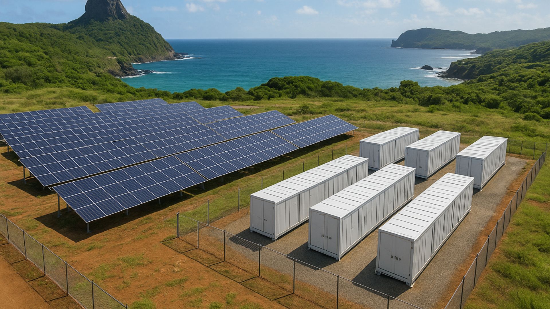 Instalação de energia solar com painéis fotovoltaicos e unidades de armazenamento BESS em Fernando de Noronha, com vegetação tropical e oceano ao fundo.